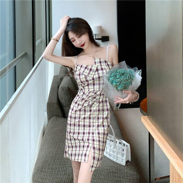 Classic Fashion Pleated Waist Plaids Straps Slim Dress 2