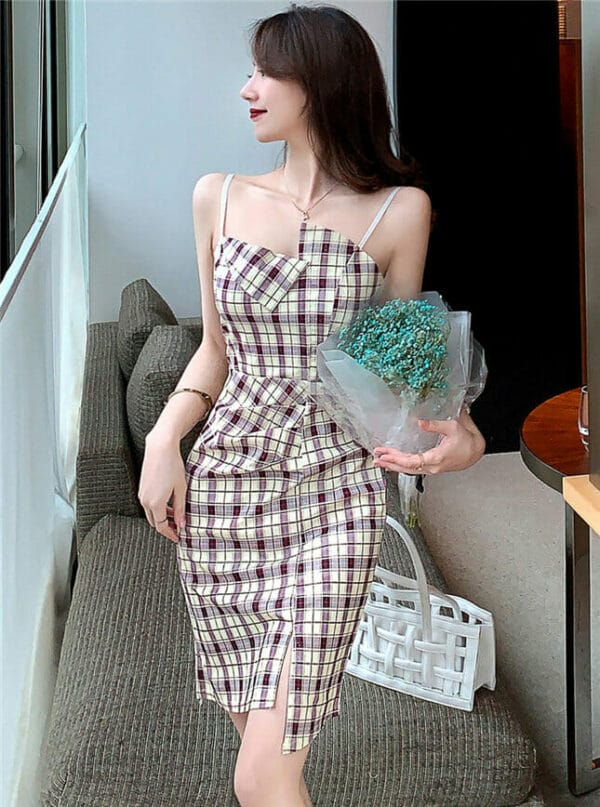 Classic Fashion Pleated Waist Plaids Straps Slim Dress 1