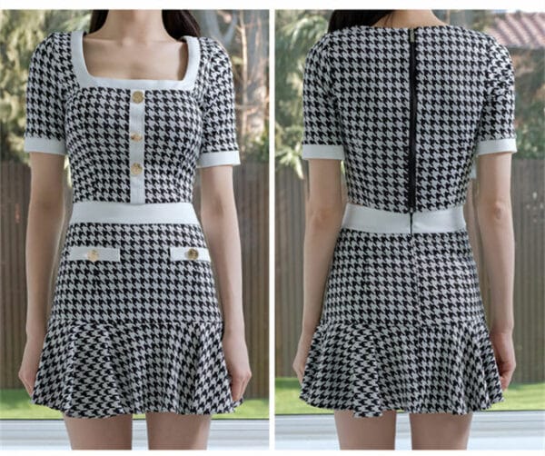 Classic Fashion Square Collar Houndstooth Fishtail Dress Set 5