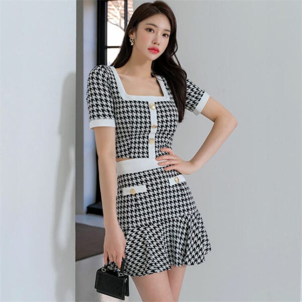 Classic Fashion Square Collar Houndstooth Fishtail Dress Set 4