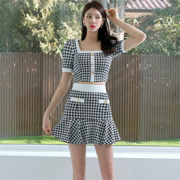 Classic Fashion Square Collar Houndstooth Fishtail Dress Set 2