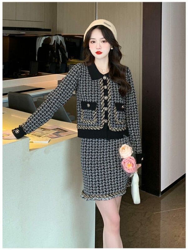 Classic Fashion Woven Plaids Knitting Two Pieces Dress Set 4