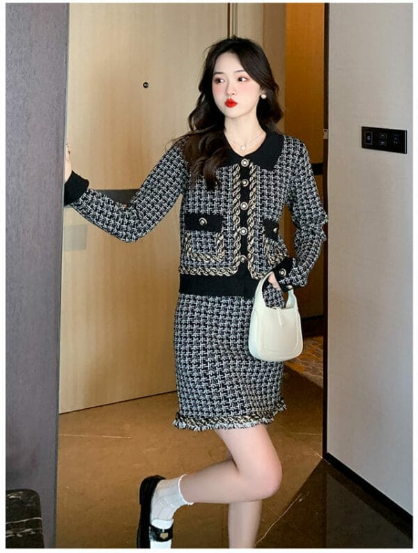 Classic Fashion Woven Plaids Knitting Two Pieces Dress Set 3