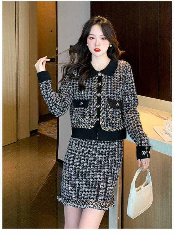 Classic Fashion Woven Plaids Knitting Two Pieces Dress Set 2