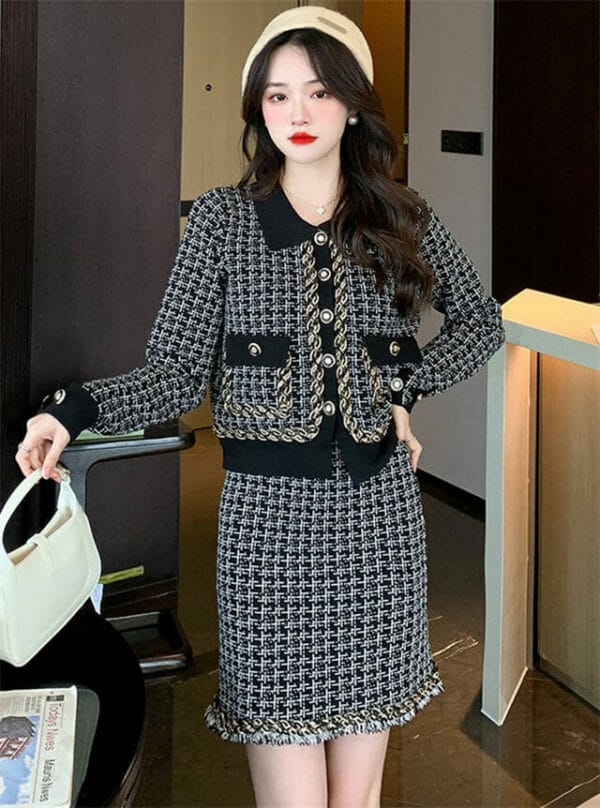 Classic Fashion Woven Plaids Knitting Two Pieces Dress Set 1