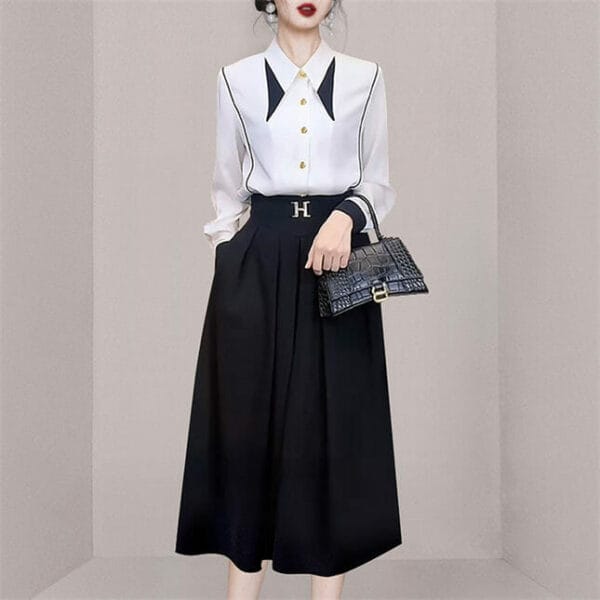 Color Block Loosen Blouse with Pleated Long Skirt 3