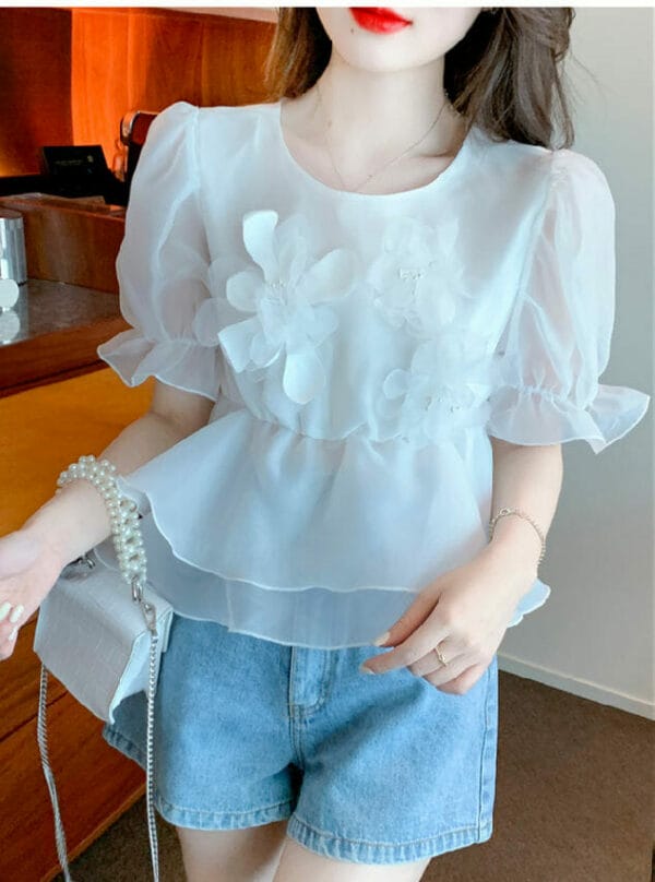 Cute Girls 2 Colors Beads Flowers Flouncing Puff Sleeve Blouse 5