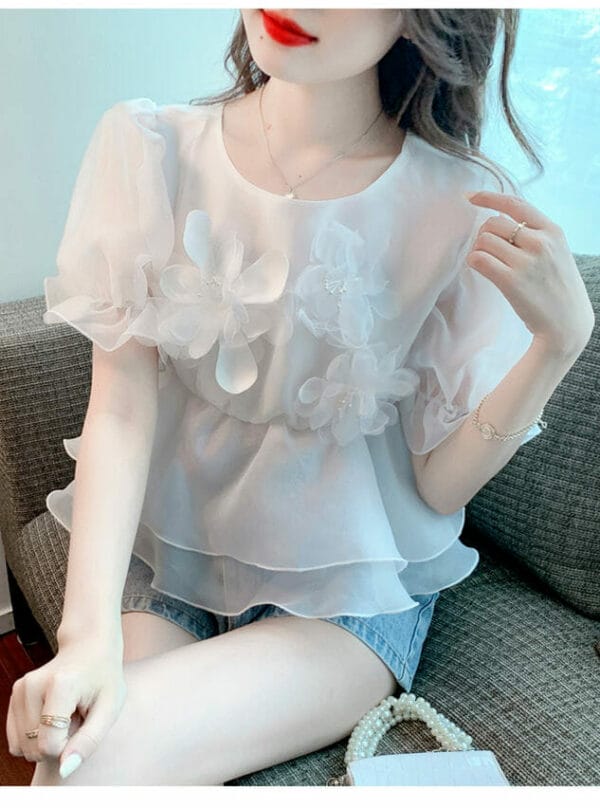 Cute Girls 2 Colors Beads Flowers Flouncing Puff Sleeve Blouse 4