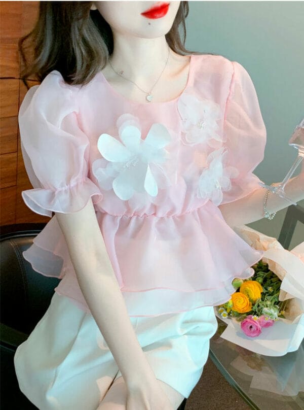 Cute Girls 2 Colors Beads Flowers Flouncing Puff Sleeve Blouse 3