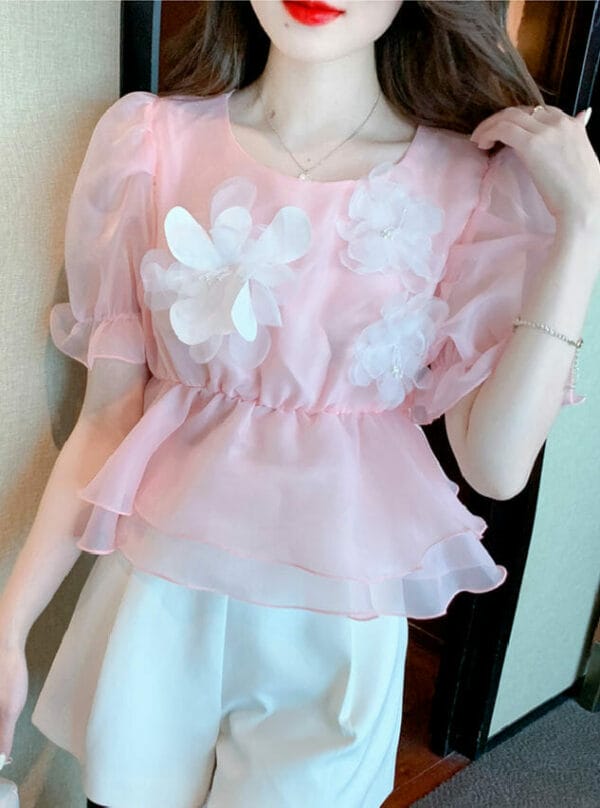 Cute Girls 2 Colors Beads Flowers Flouncing Puff Sleeve Blouse 1