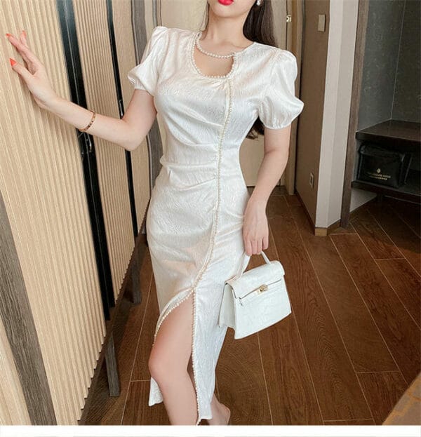 Elegant Fashion Beads Split Puff Sleeve Pleated Slim Dress 4