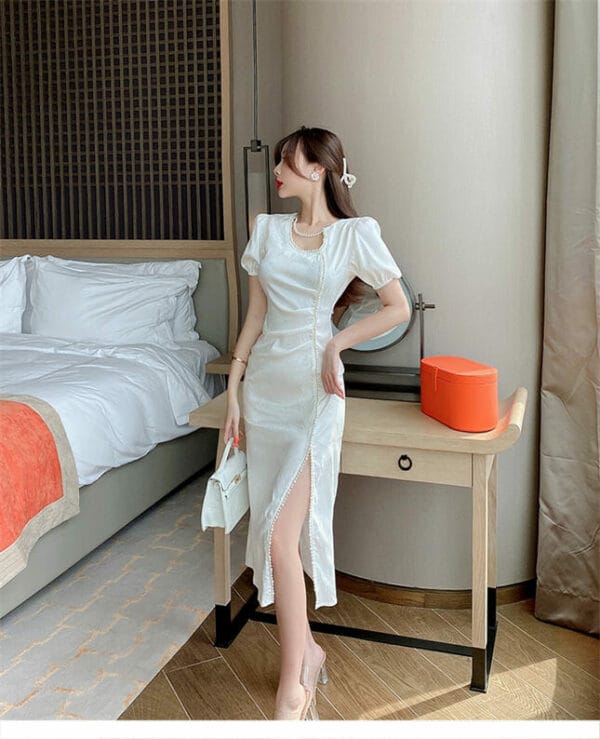 Elegant Fashion Beads Split Puff Sleeve Pleated Slim Dress 3