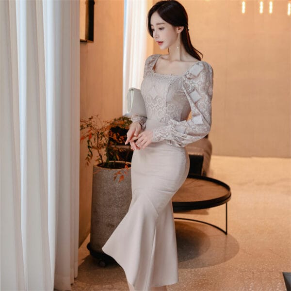 Elegant Fashion Lace Blouse with Fishtail Slim Long Skirt 3