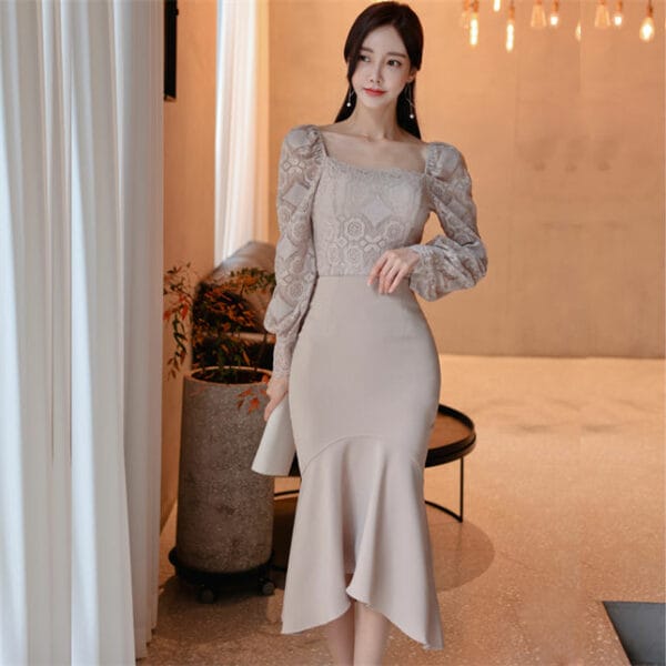 Elegant Fashion Lace Blouse with Fishtail Slim Long Skirt 2
