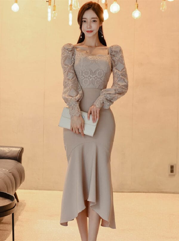 Elegant Fashion Lace Blouse with Fishtail Slim Long Skirt 1