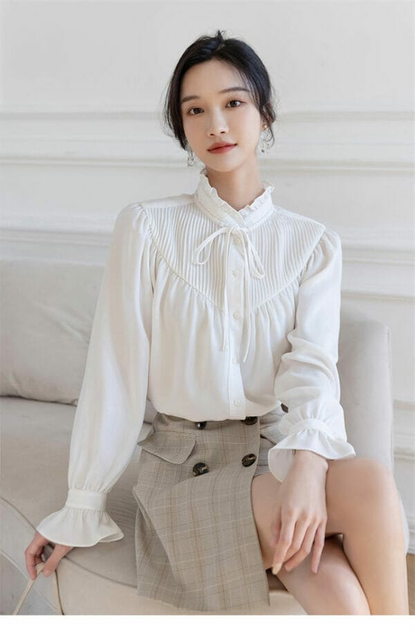 Elegant Fashion Pleated Tie Collar Flare Sleeve Chiffon Blouse 5