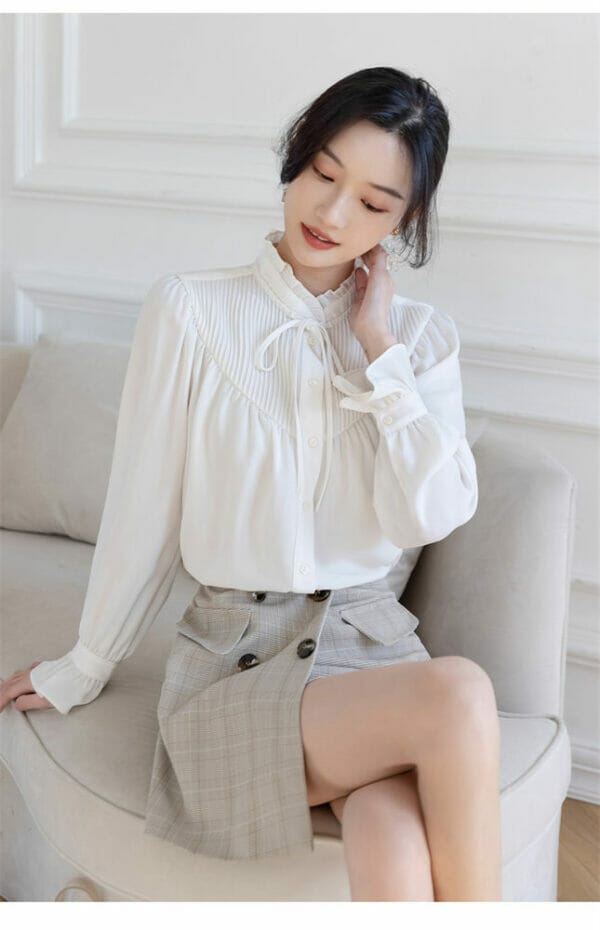 Elegant Fashion Pleated Tie Collar Flare Sleeve Chiffon Blouse 4