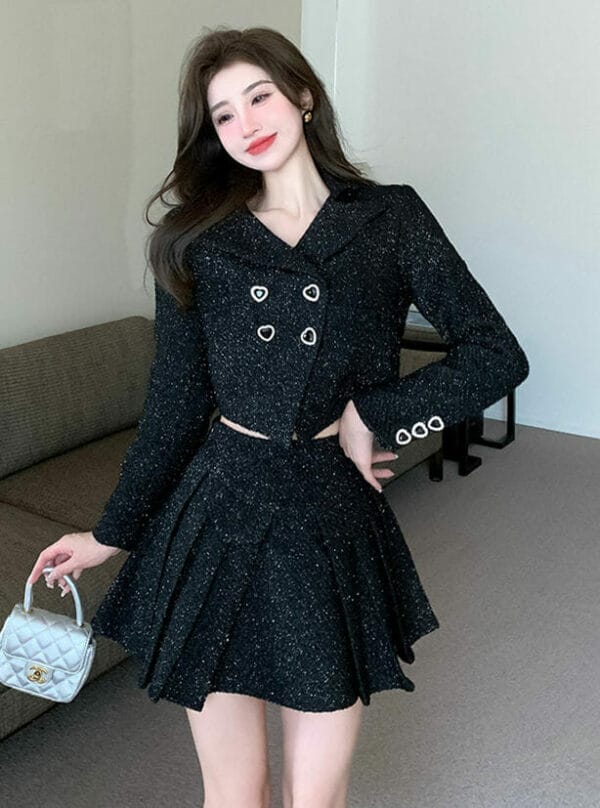 Elegant Lady 2 Colors Double-breasted Pleated Tweed Dress Set 5