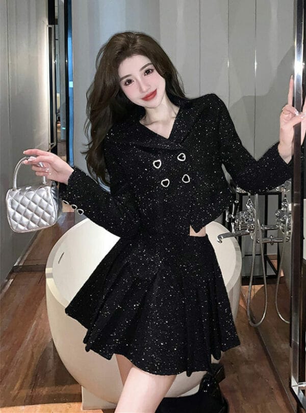Elegant Lady 2 Colors Double-breasted Pleated Tweed Dress Set 4