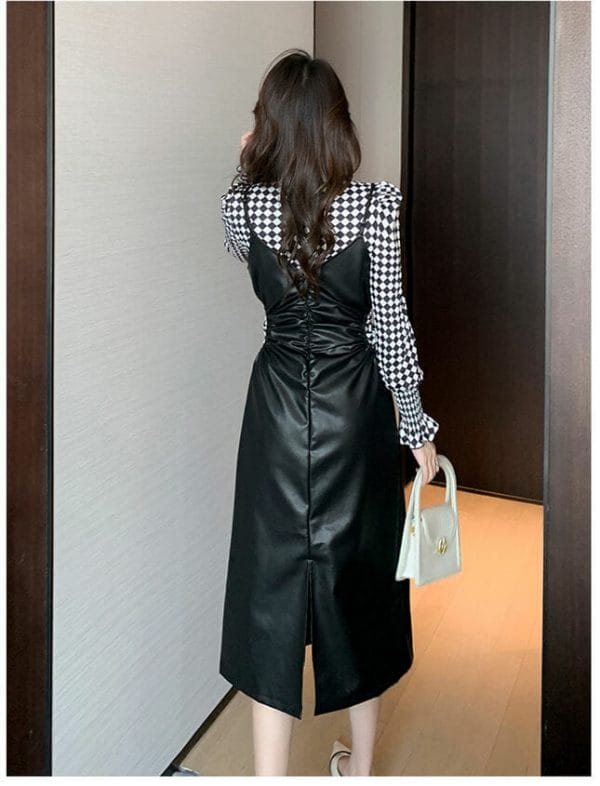 Elegant Lady 2 Colors Plaids Tops with Straps Leather Long Dress 6