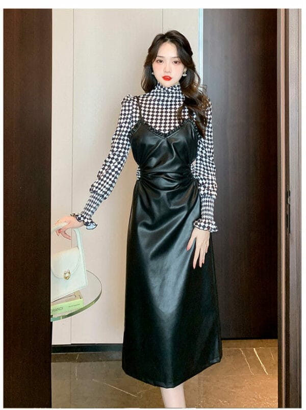 Elegant Lady 2 Colors Plaids Tops with Straps Leather Long Dress 5