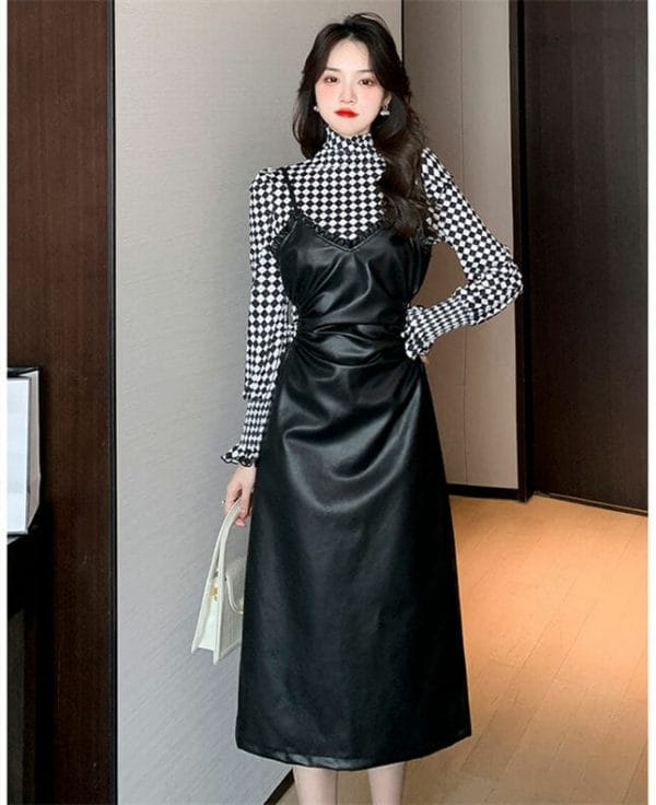 Elegant Lady 2 Colors Plaids Tops with Straps Leather Long Dress 4