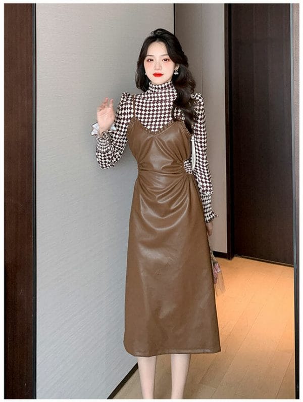 Elegant Lady 2 Colors Plaids Tops with Straps Leather Long Dress 3