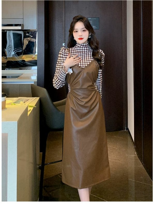 Elegant Lady 2 Colors Plaids Tops with Straps Leather Long Dress 2