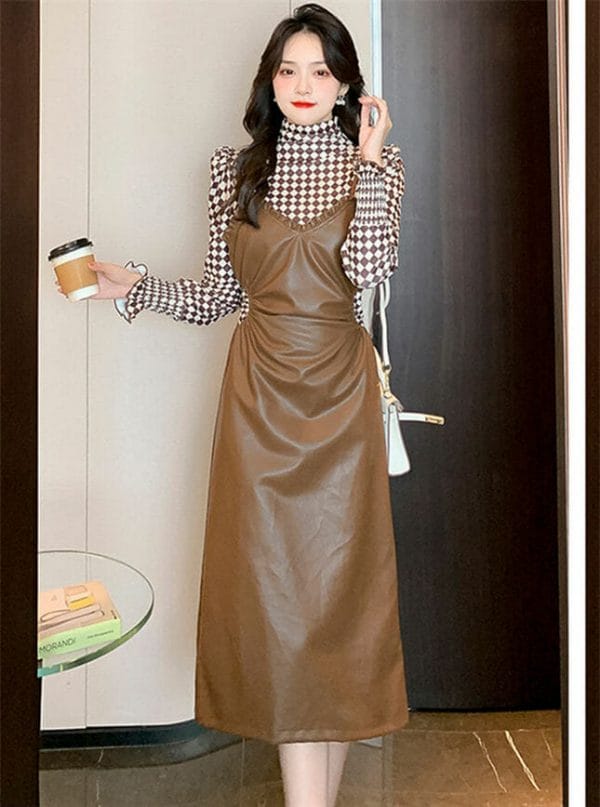 Elegant Lady 2 Colors Plaids Tops with Straps Leather Long Dress 1