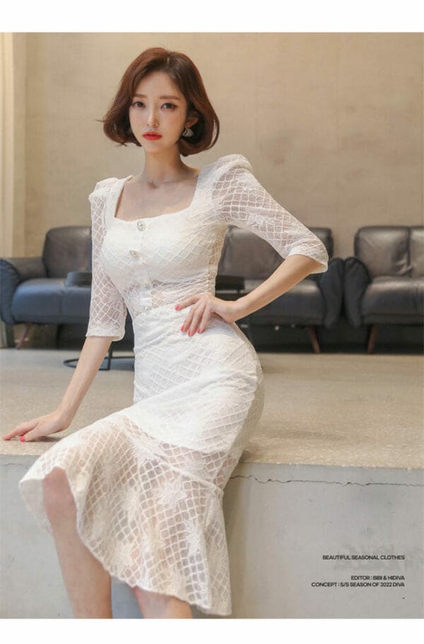 Elegant Lady 2 Colors Square Collar Lace Fishtail Dress Set 3