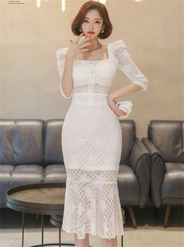 Elegant Lady 2 Colors Square Collar Lace Fishtail Dress Set 1