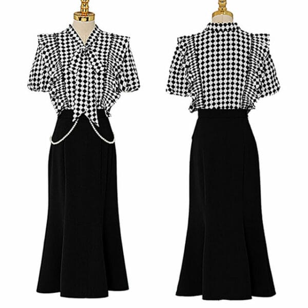 Elegant Lady Bowknot Puff Sleeve Plaids Fishtail Dress Set 5