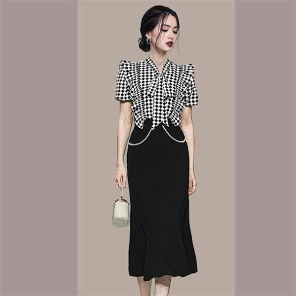 Elegant Lady Bowknot Puff Sleeve Plaids Fishtail Dress Set 4