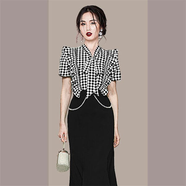 Elegant Lady Bowknot Puff Sleeve Plaids Fishtail Dress Set 3