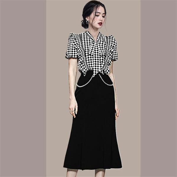 Elegant Lady Bowknot Puff Sleeve Plaids Fishtail Dress Set 2