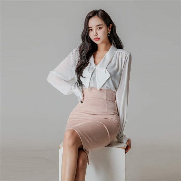 Elegant Lady Bowknot V-neck Blouse with High Waist Slim Skirt 5