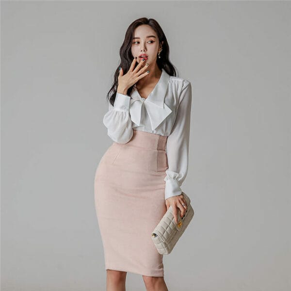 Elegant Lady Bowknot V-neck Blouse with High Waist Slim Skirt 4