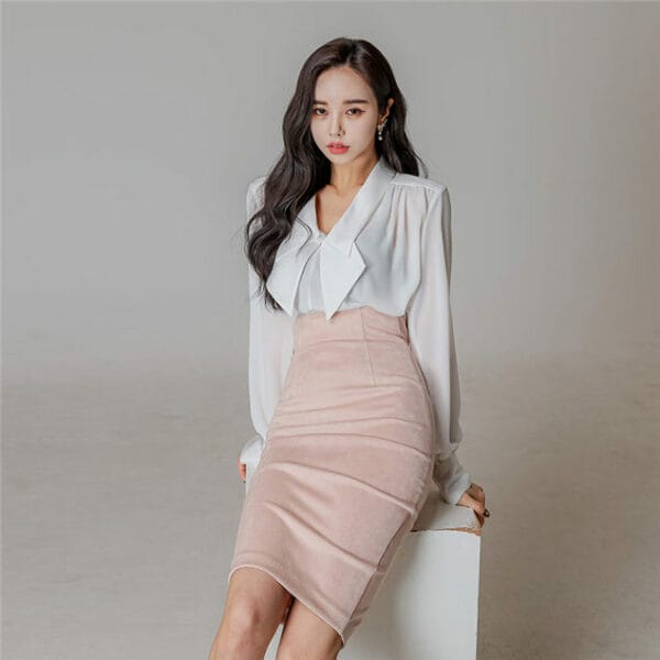 Elegant Lady Bowknot V-neck Blouse with High Waist Slim Skirt 3