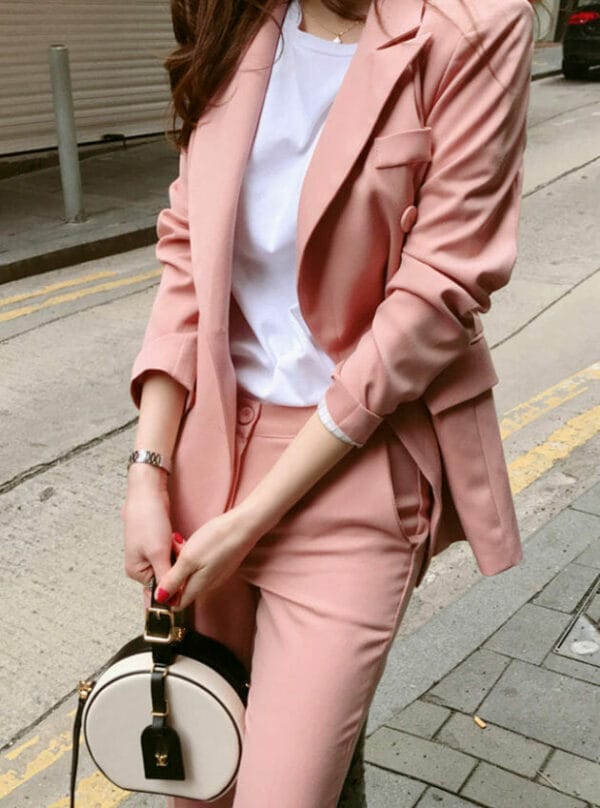Elegant Lady Double-breasted Tailored Collar Slim Long Suits 5