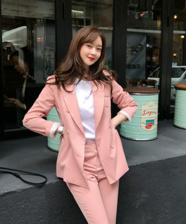 Elegant Lady Double-breasted Tailored Collar Slim Long Suits 3
