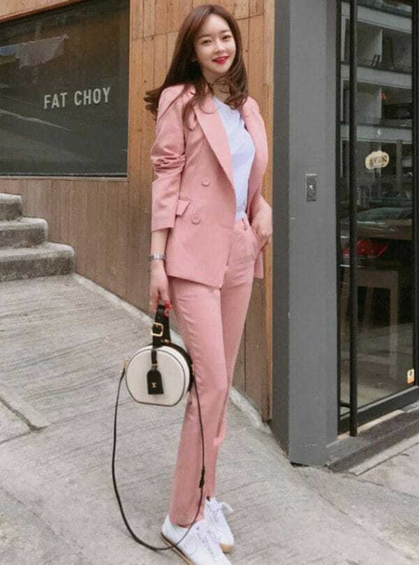 Elegant Lady Double-breasted Tailored Collar Slim Long Suits 1
