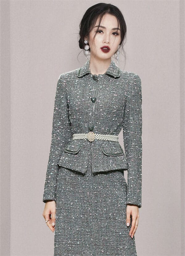 Elegant Lady High Waist Fishtail Tweed Slim Dress Set 5