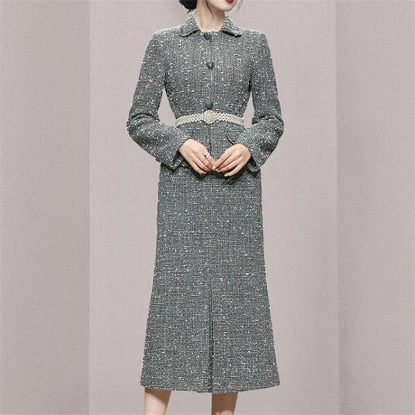 Elegant Lady High Waist Fishtail Tweed Slim Dress Set 4