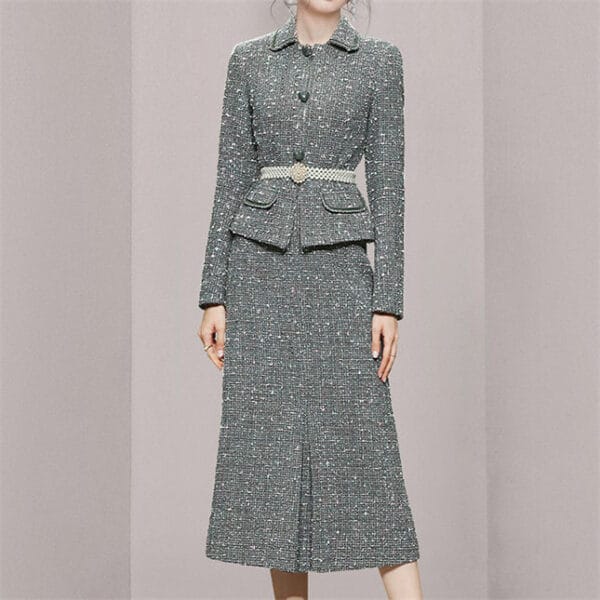 Elegant Lady High Waist Fishtail Tweed Slim Dress Set 3