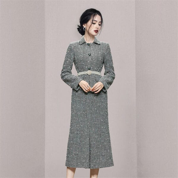 Elegant Lady High Waist Fishtail Tweed Slim Dress Set 2