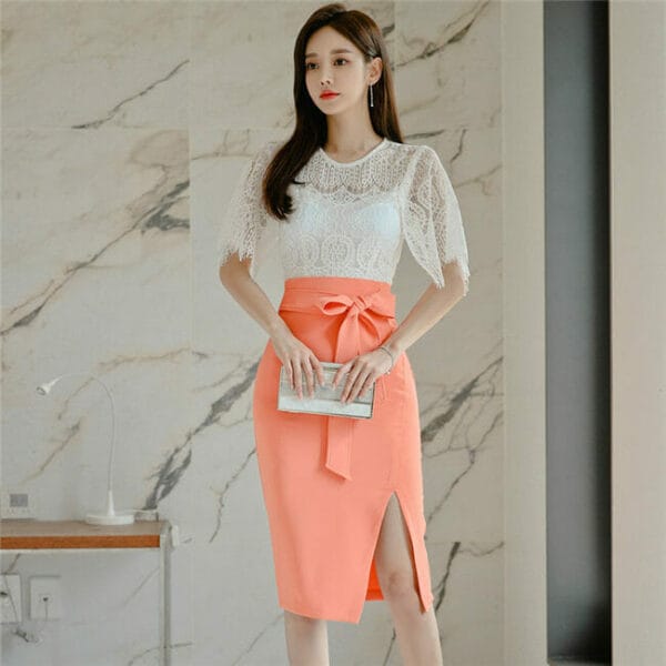 Elegant Lady Lace Blouse with High Waist Split Midi Skirt 3