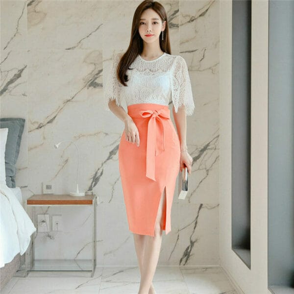 Elegant Lady Lace Blouse with High Waist Split Midi Skirt 2