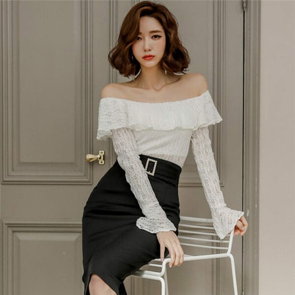 Elegant Lady Lace Boat Neck Blouse with Slim Midi Skirt 3