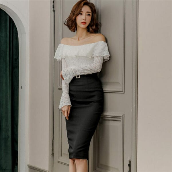 Elegant Lady Lace Boat Neck Blouse with Slim Midi Skirt 2