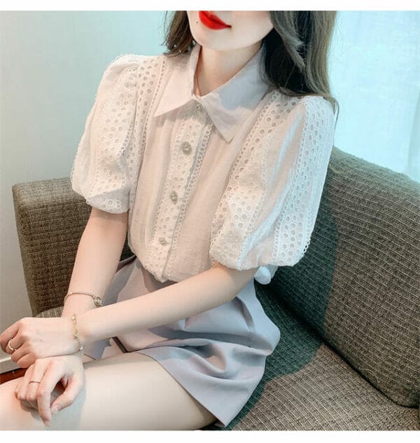 Elegant Lady Lace Hollow Out Shirt Collar Puff Sleeve Blouse 5